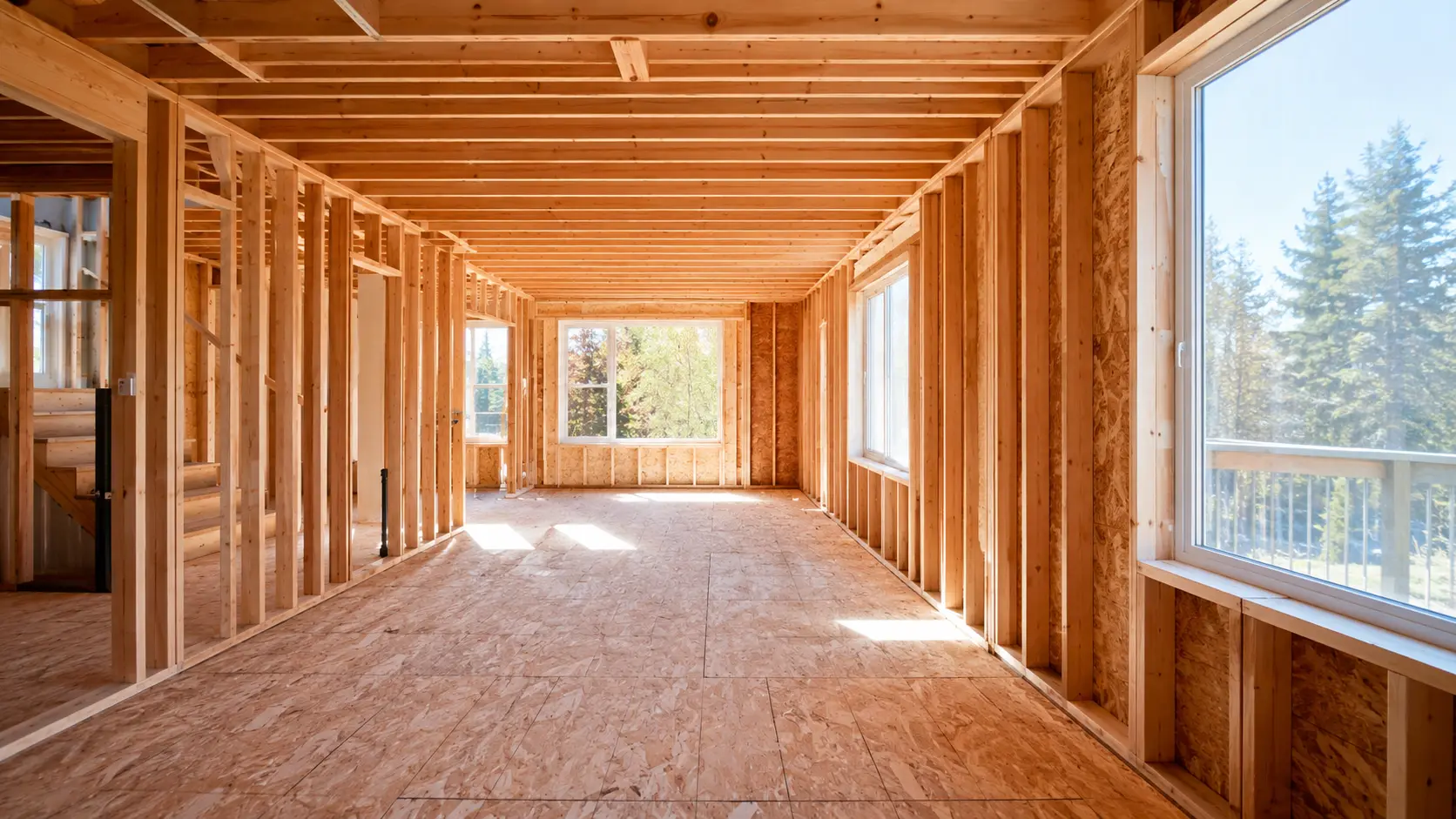Clean residential construction framing in progress